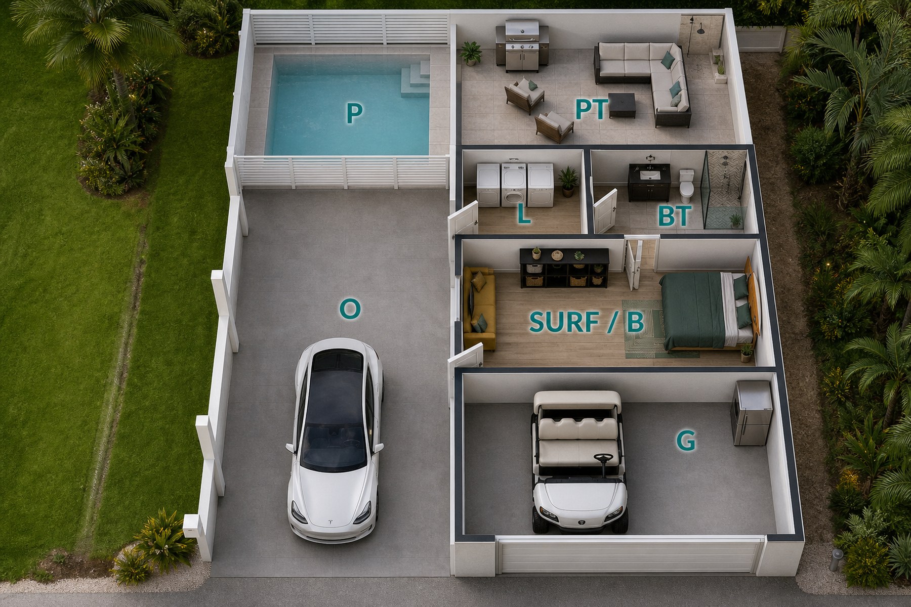 Dog Days of Summer first floor — pool at back, garage at the street