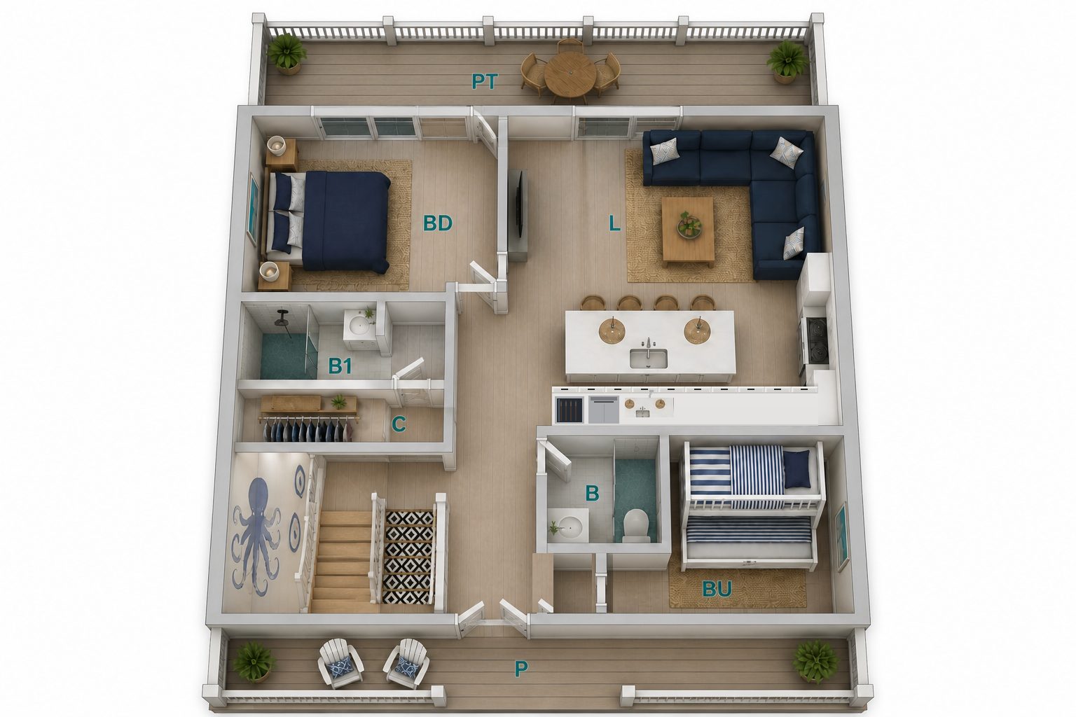 Dog Days of Summer second floor — patio, primary bedroom, living, kitchen, and music room