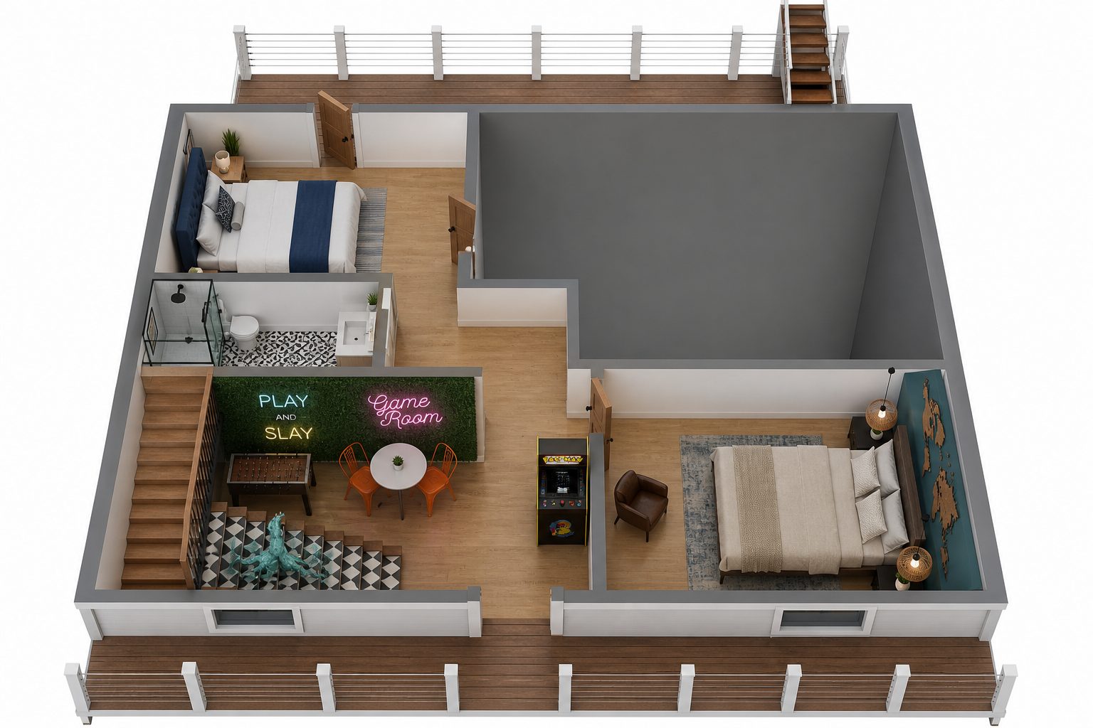 Dog Days of Summer third floor — Good Vibes, loft, arcade, and World Map bedroom