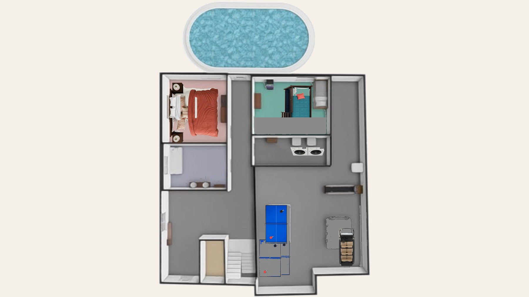 Pierce's Paradise first floor — pool at back, garage on the right