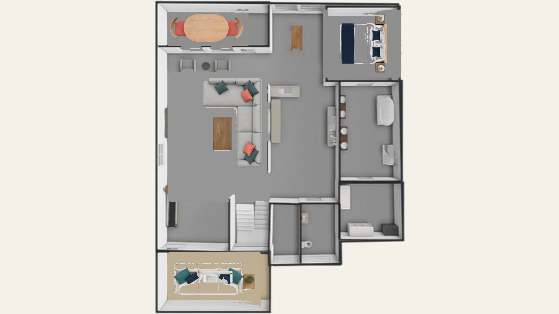 Pierce's Paradise second floor — living and kitchen open to the left