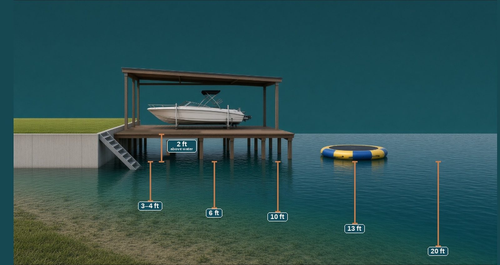 Stay Beautiful dock water depth: 2 ft from dock to water, 3–4 ft at the steps, 6 ft mid-dock, 10 ft at the end of the dock, 13 ft at the trampoline, 20 ft past the trampoline.
