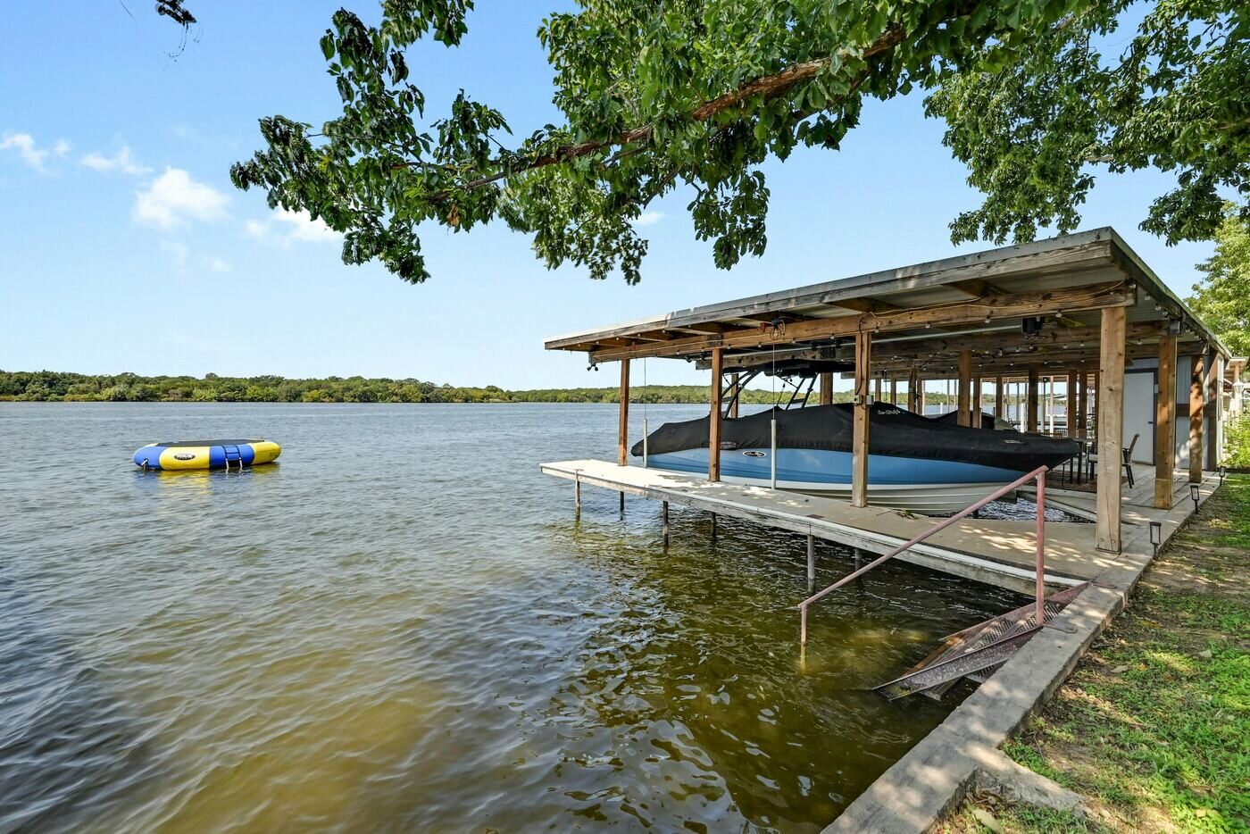 Private boat dock at a Lake LBJ waterfront vacation rental in Kingsland, Texas