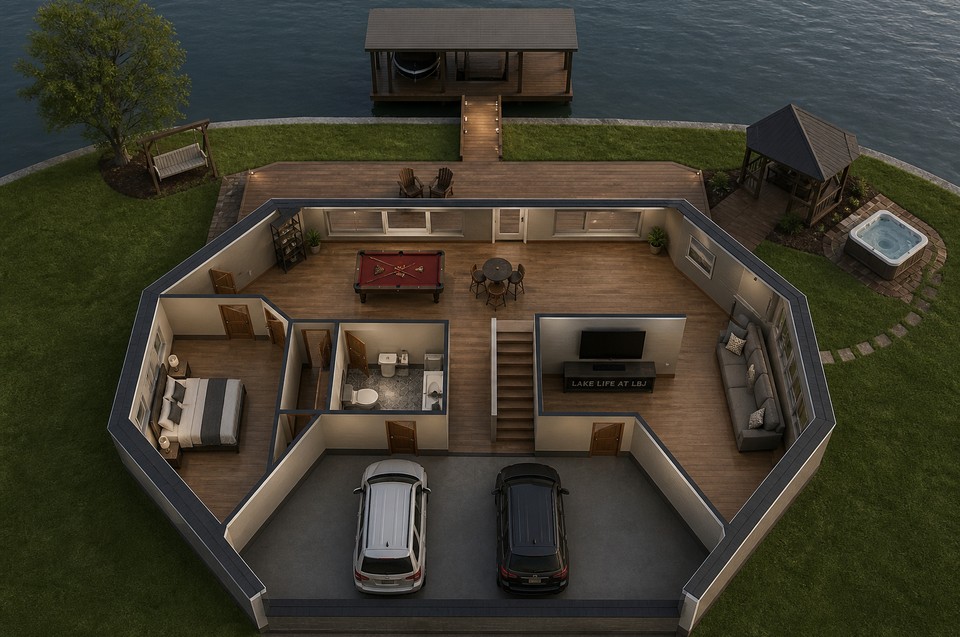 Stay Beautiful first floor — lake at top, garage at bottom