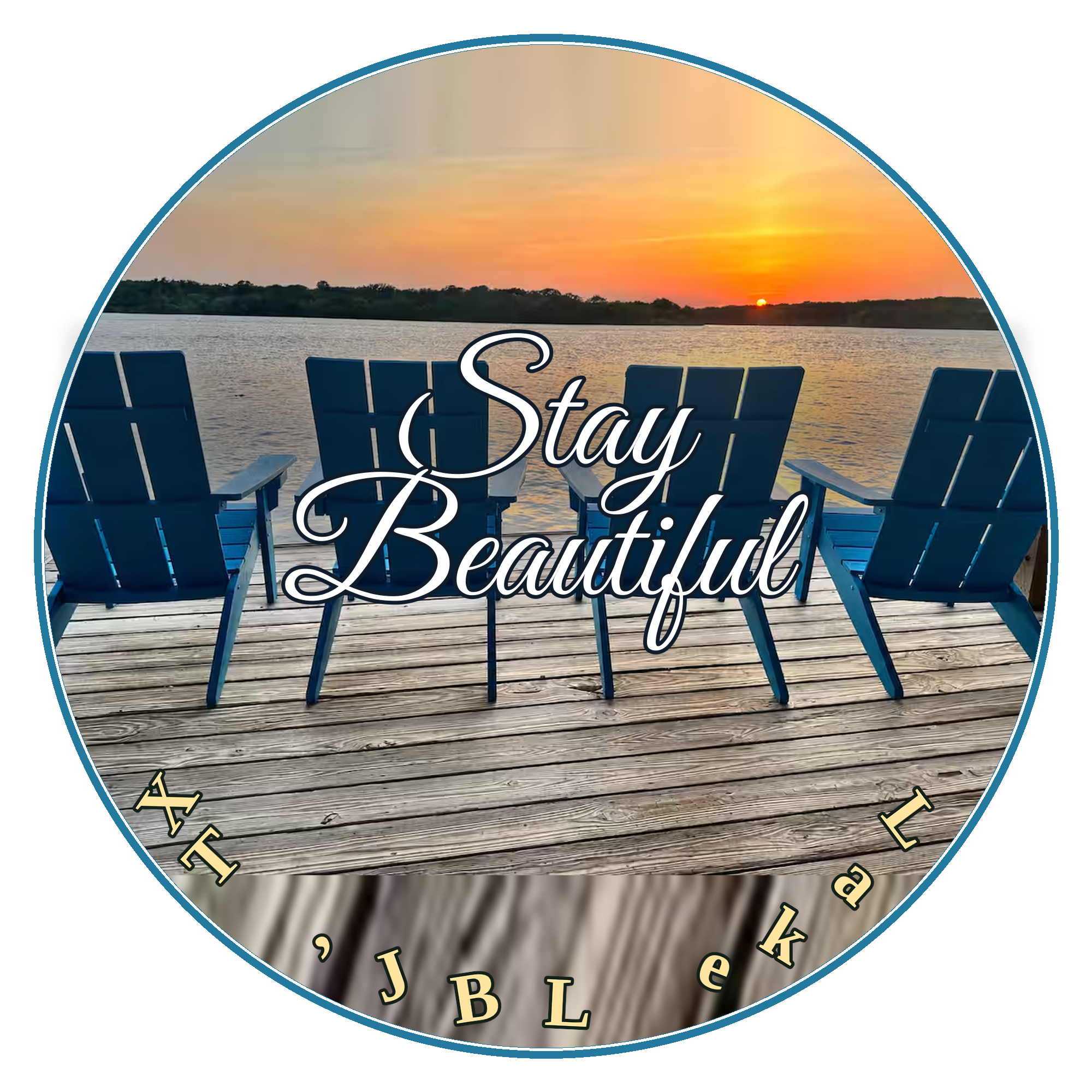 Stay Beautiful circular logo — four teal chairs on the dock at sunset, Lake LBJ