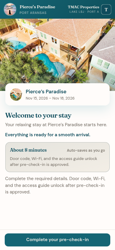 Sample pre-check-in welcome screen